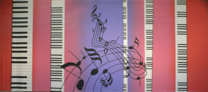 Piano Keys with Musical Notes Backdrop
