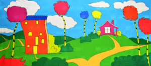 Colorful Seussical Village Backdrop