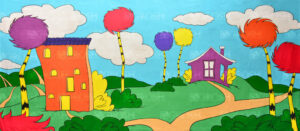 Colorful Seussical Village Backdrop