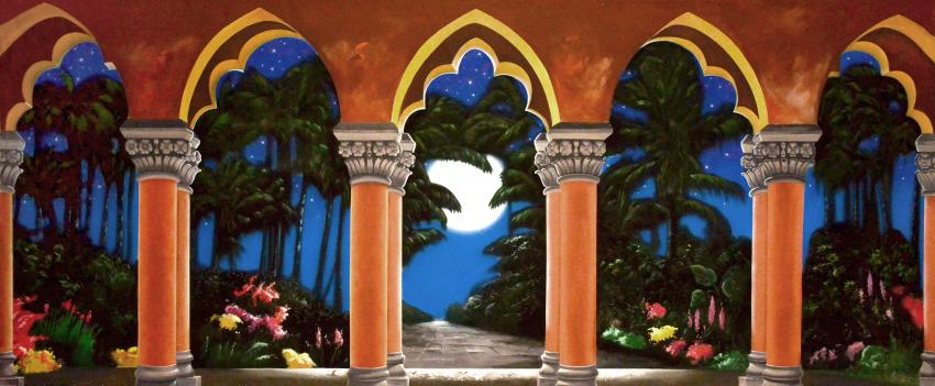 Tropical Garden with Arches at Night backdrop S3422 1