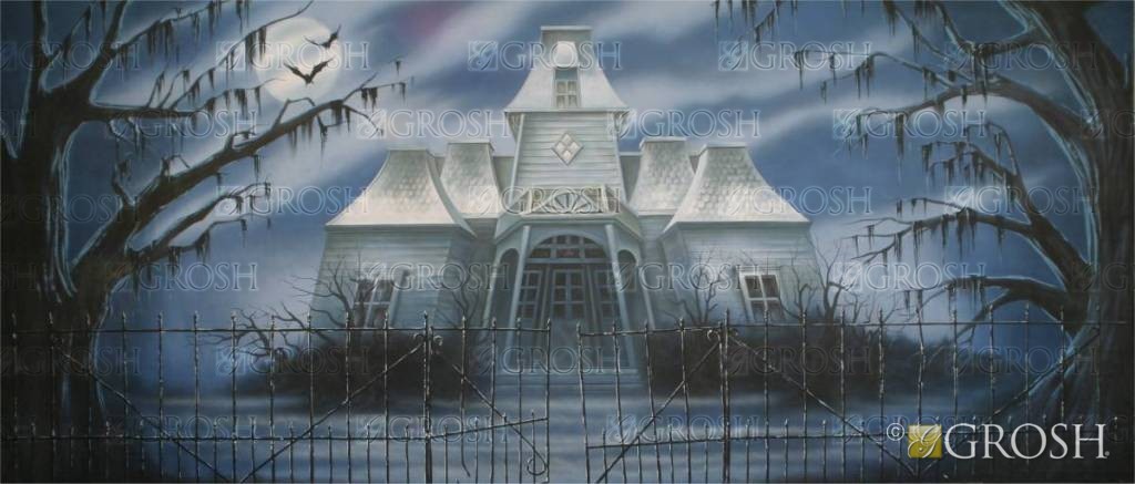 Haunted House with Fence and Trees Backdrop 